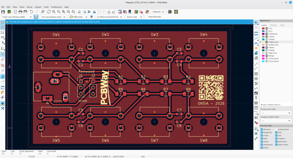 PCB layout of the Icom External Keypad as designed in KiCad prior to manufacturing.